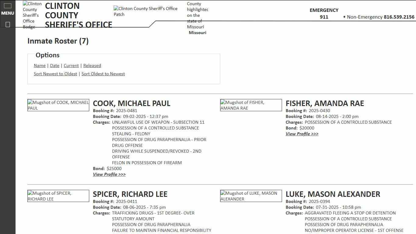 Inmate Roster - Current Inmates Booking Date Descending - Clinton County Sheriff's Office Missouri